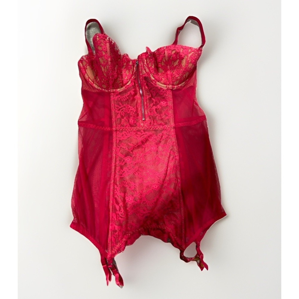 Victoria Secret Pink Lace Teddy Corset Womens 34C Red Nylon Adjustable Sexy